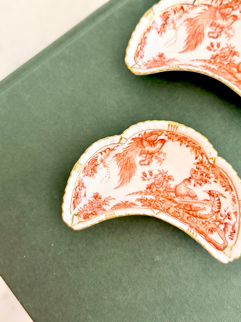 Royal Crown Derby English Fine Bone China Crescent Dishes, Red Aves Pattern