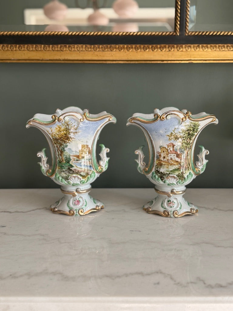 Pair of Ugo Zaccagnini Hand Painted Capodimonte Style Porcelain Vases 8”