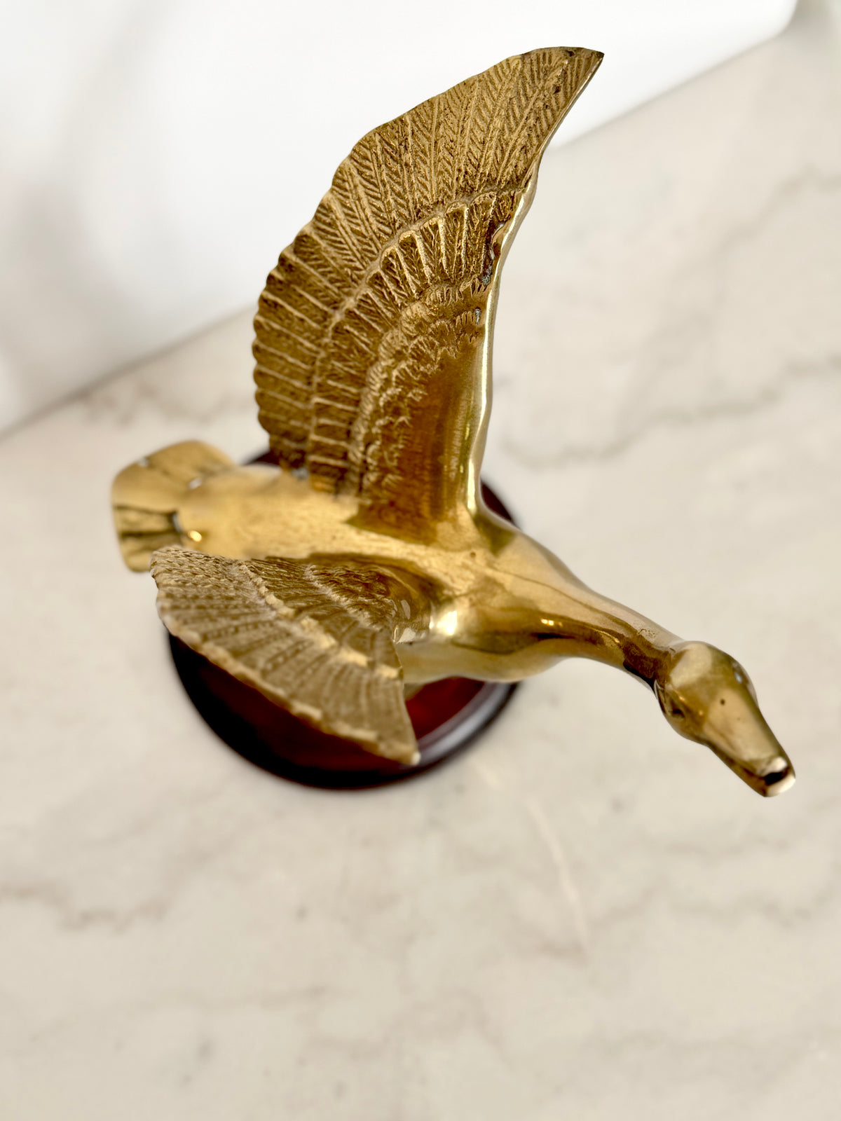Vintage Solid Brass Flying Goose Duck Statue on Wood Base Figurine