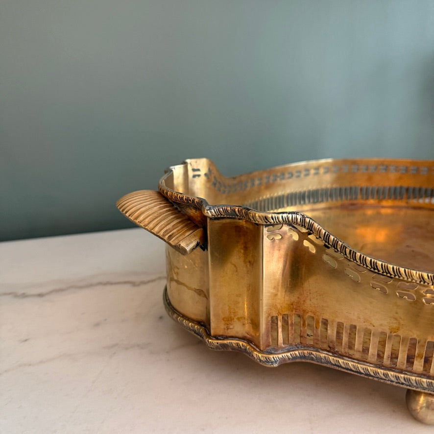 Vintage Brass Reticulated Pierced Gallery Oval Handled Vanity Serving Tray