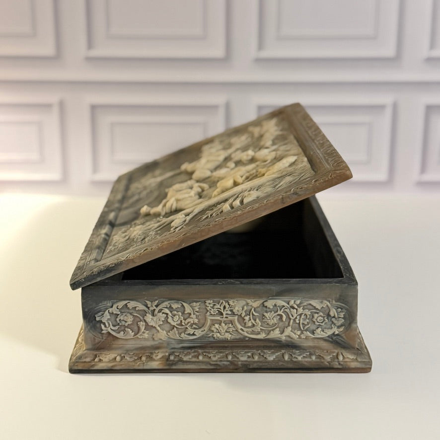 Vintage Italian Incolay Stone Box with Hunting Scene Motif