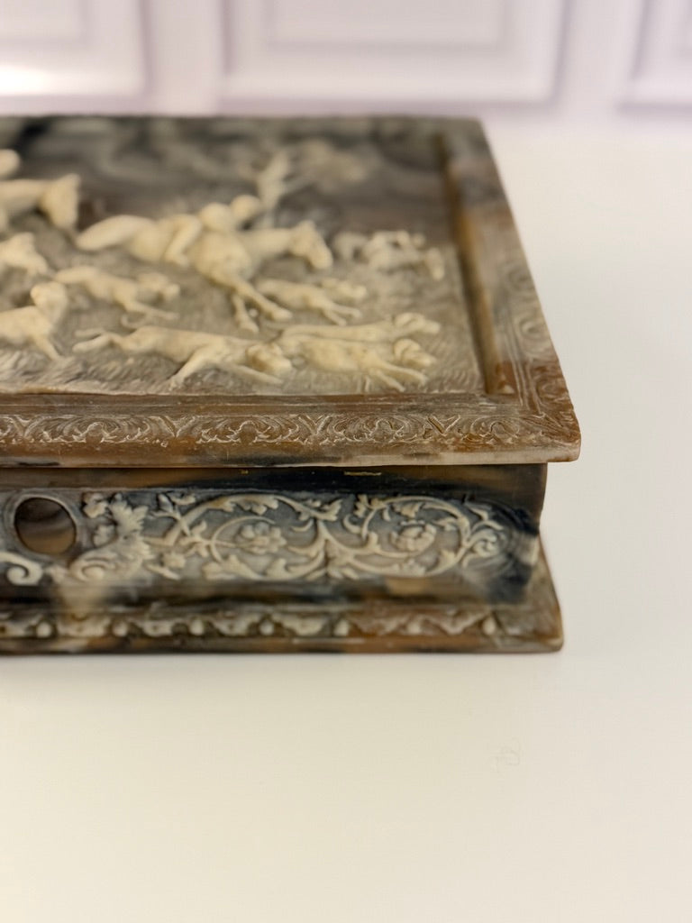 Vintage Italian Incolay Stone Box with Hunting Scene Motif