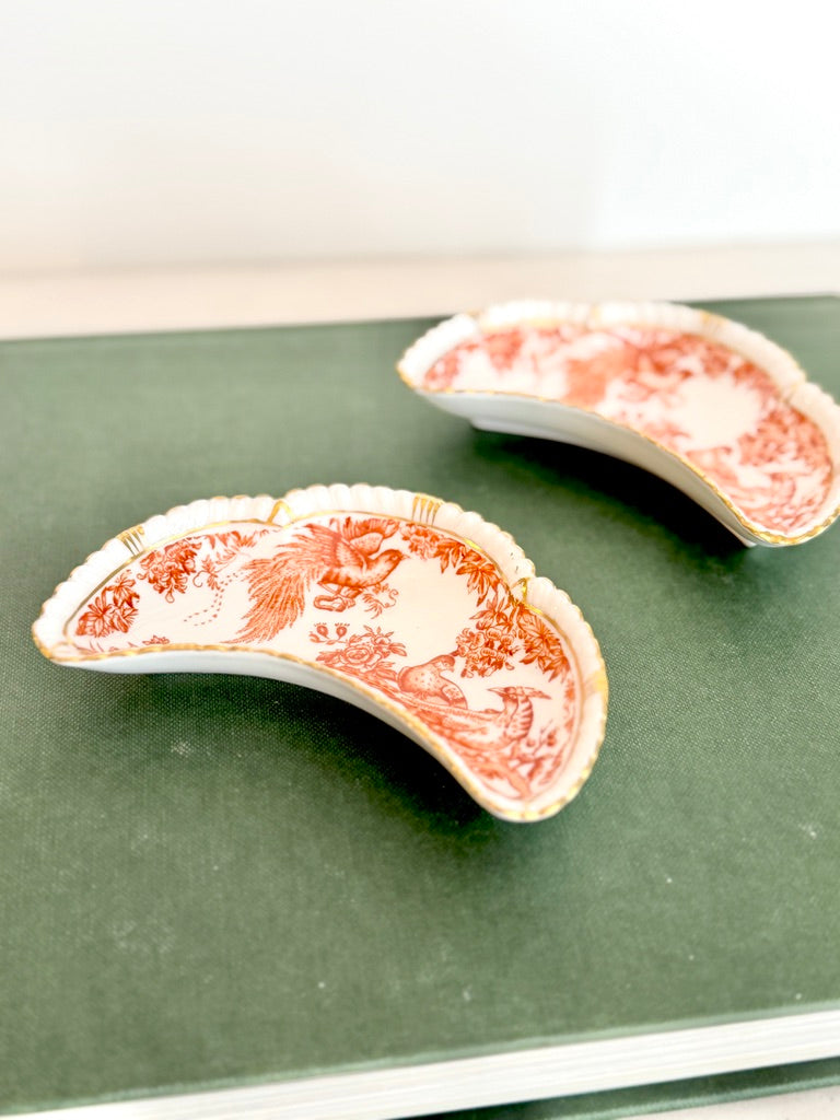 Royal Crown Derby English Fine Bone China Crescent Dishes, Red Aves Pattern