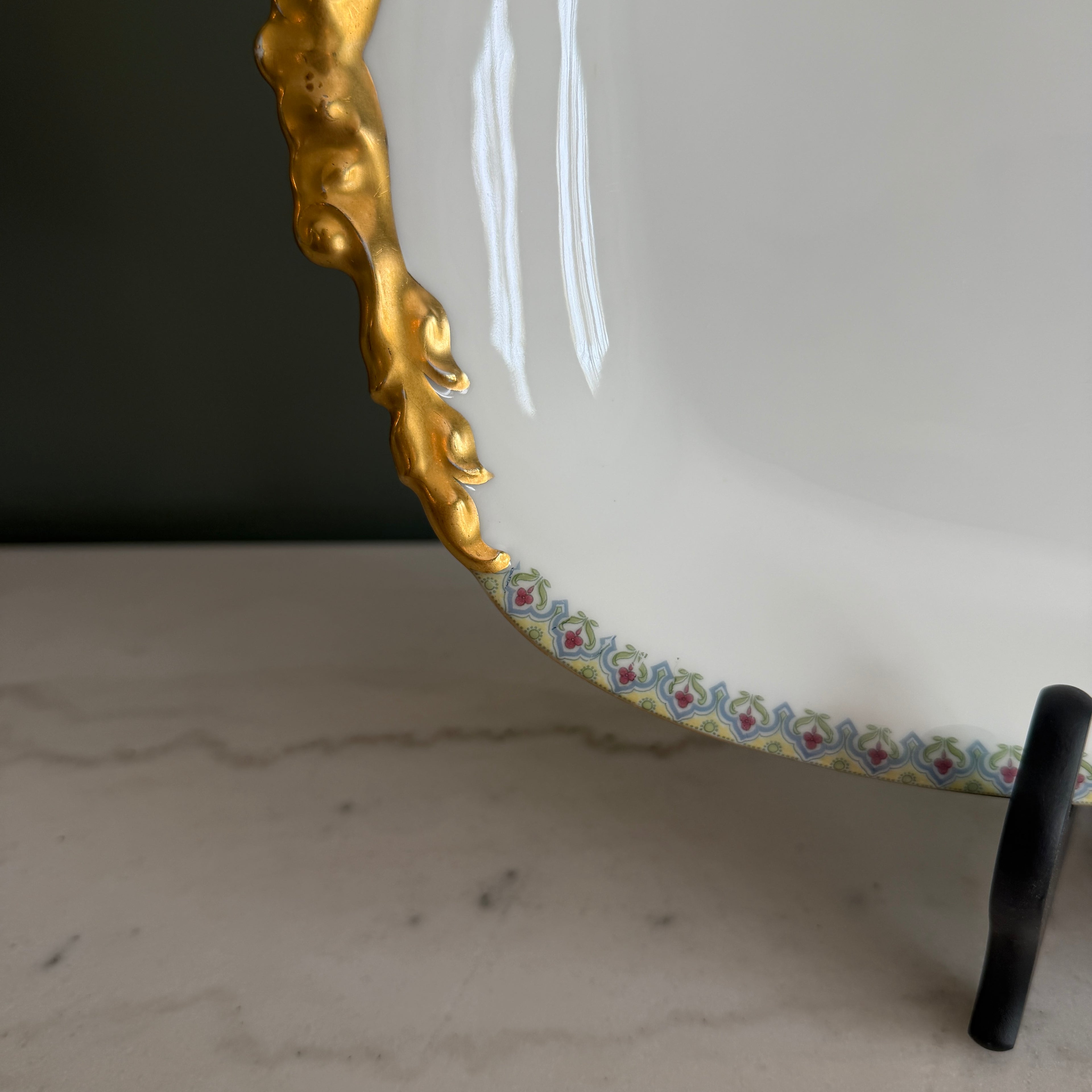 Antique c.1900 JPL Limoges France Porcelain Serving Platter 17"| Hand-painted Floral Trim with Gilt Gold Handles| POY125