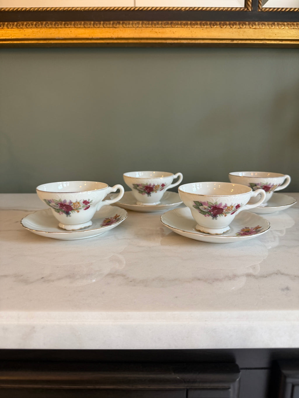 Vintage Footed Teacup and Saucer Roses and Lilies Gold Trim Made in Japan