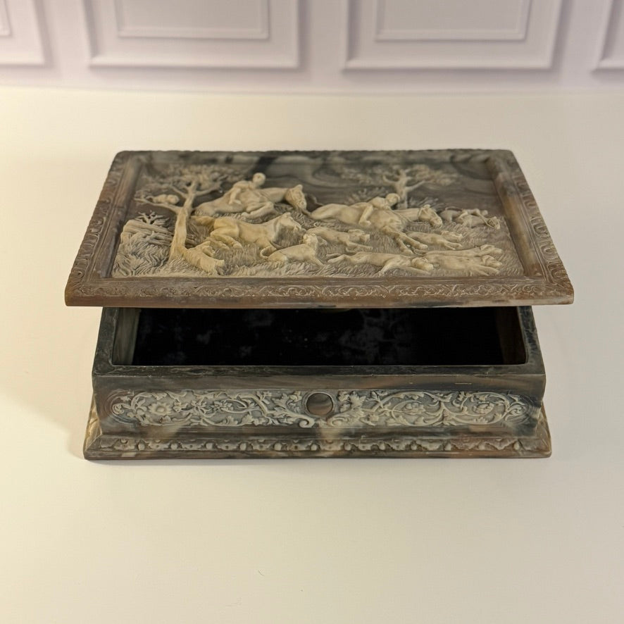 Vintage Italian Incolay Stone Box with Hunting Scene Motif