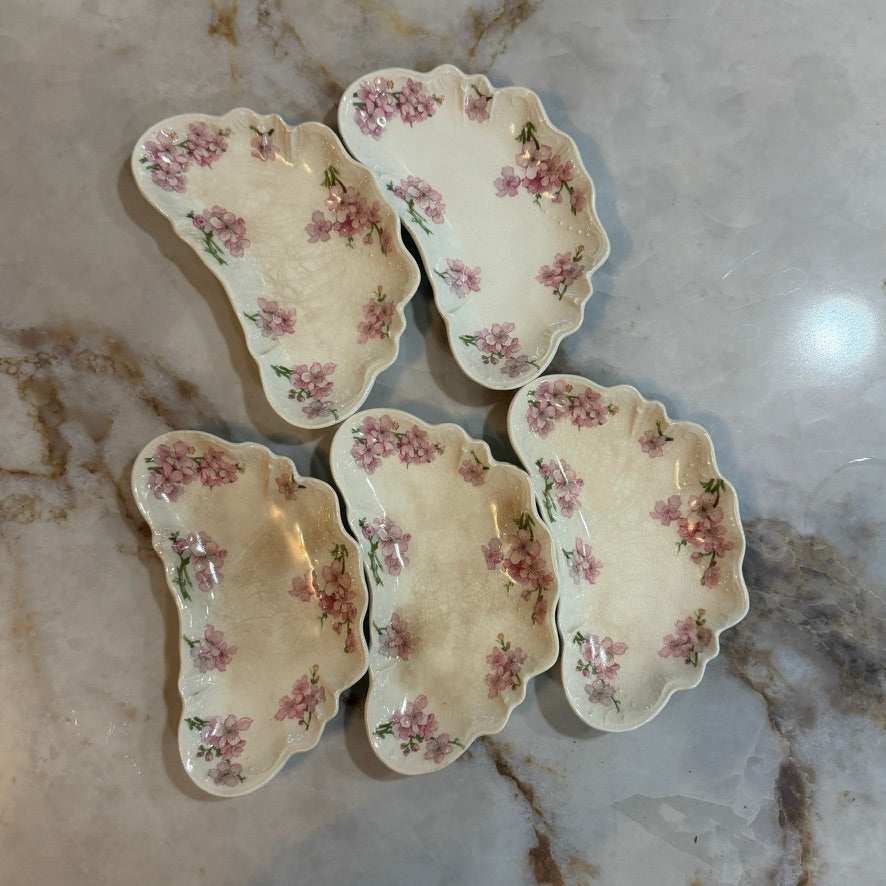 Vintage Johnson Bros England Pink Flowers Crescent Bone Dish