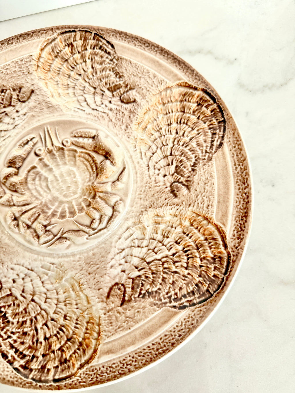 Vintage Sarreguemines French Majolica Oyster Plate with Crab Motif, 10"