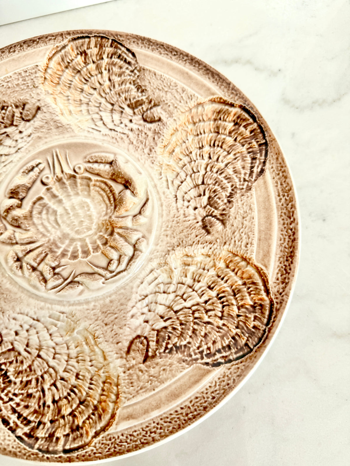 Vintage Sarreguemines French Majolica Oyster Plate with Crab Motif, 10"