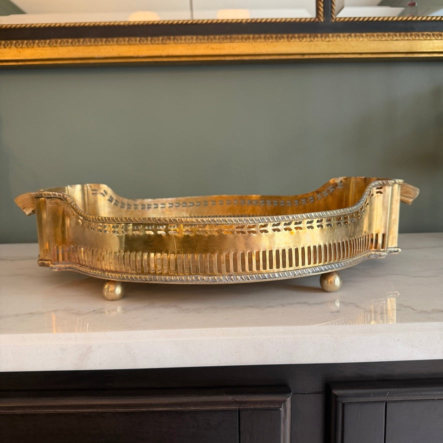 Vintage Brass Reticulated Pierced Gallery Oval Handled Vanity Serving Tray