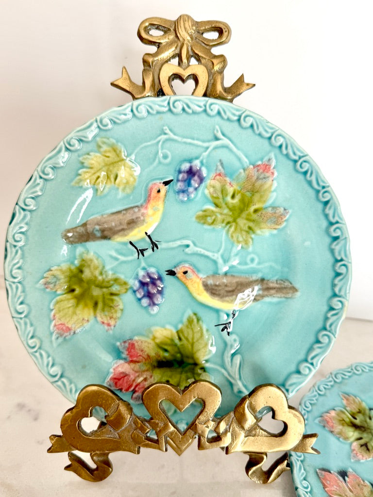 Antique Georg Schmider Zell German Majolica Bird & Grape Plate in Turquoise, 6.5"