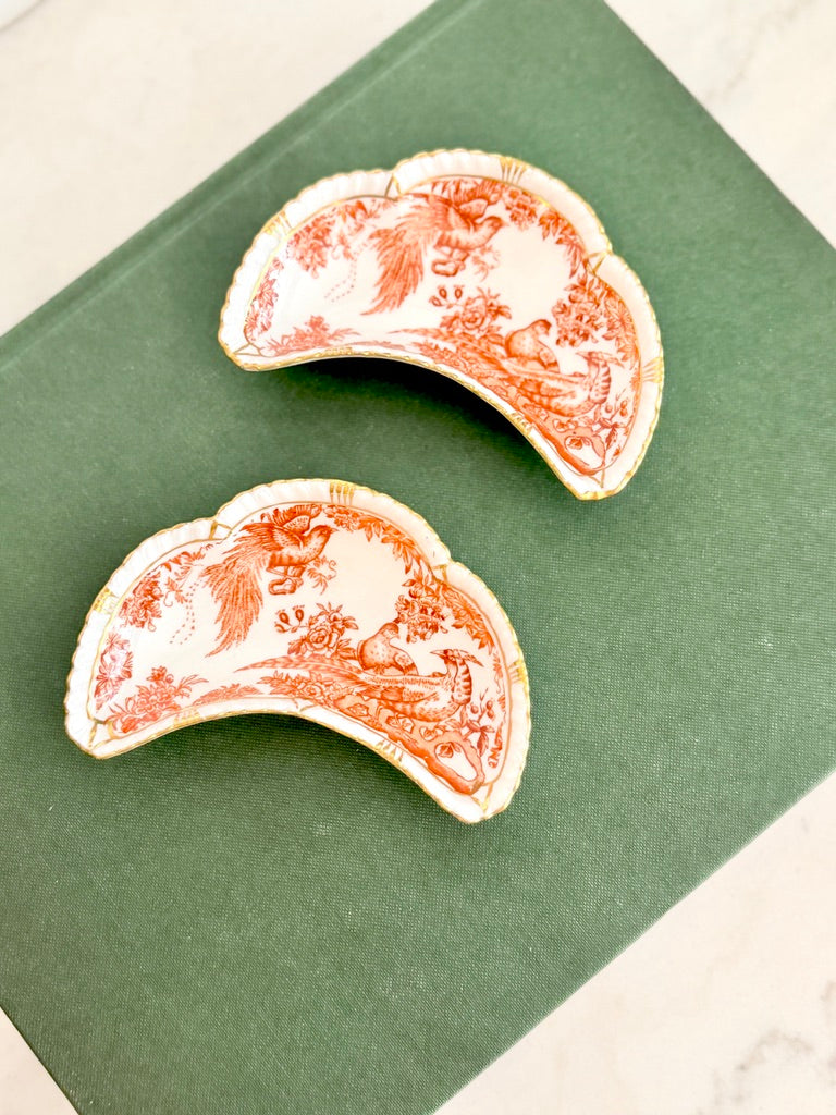 Royal Crown Derby English Fine Bone China Crescent Dishes, Red Aves Pattern