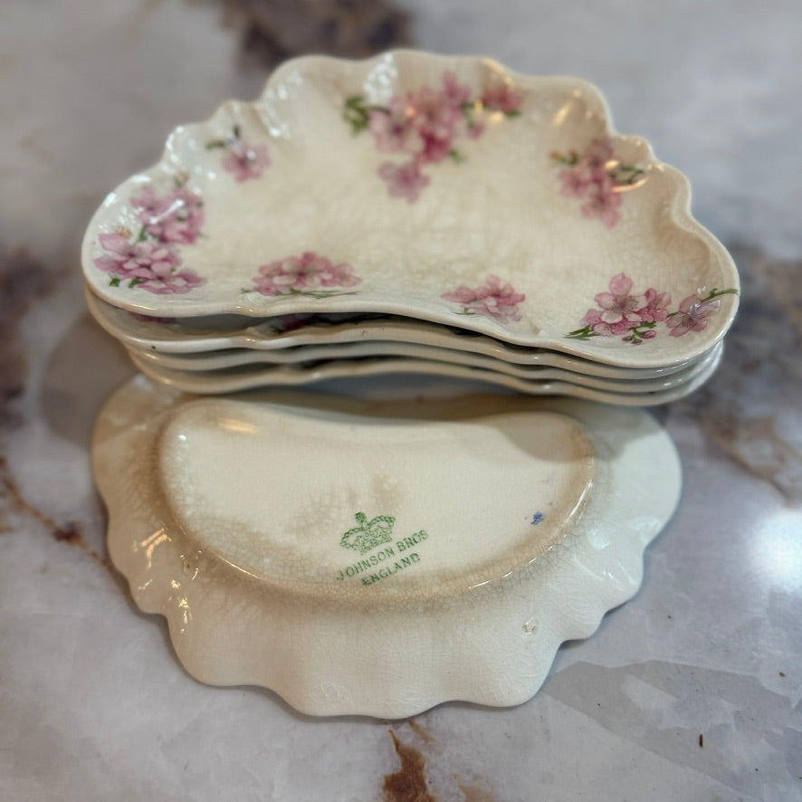 Vintage Johnson Bros England Pink Flowers Crescent Bone Dish