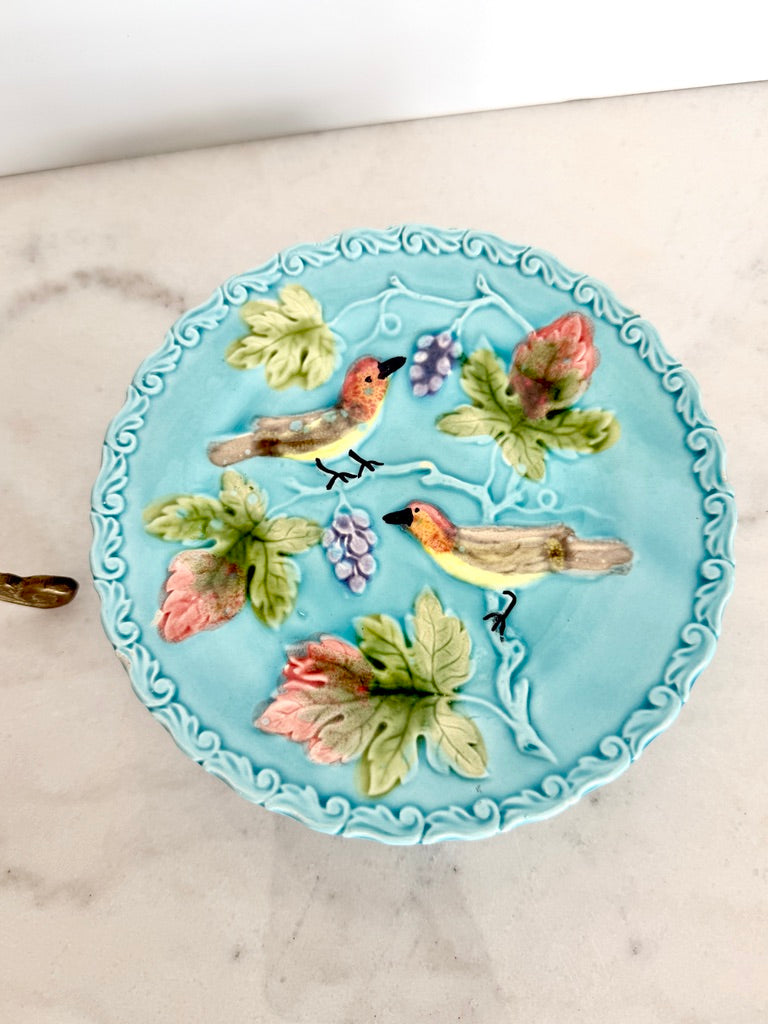 Antique Georg Schmider Zell German Majolica Bird & Grape Plate in Turquoise, 6.5"