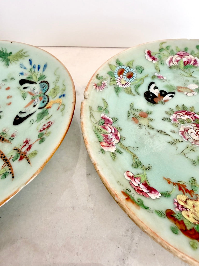 Antique Chinese Export Celadon Famille Rose Plate, Birds & Butterflies, 7.5"