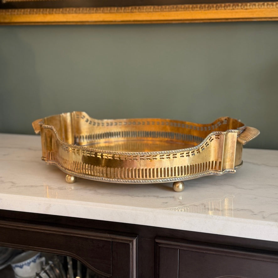 Vintage Brass Reticulated Pierced Gallery Oval Handled Vanity Serving Tray