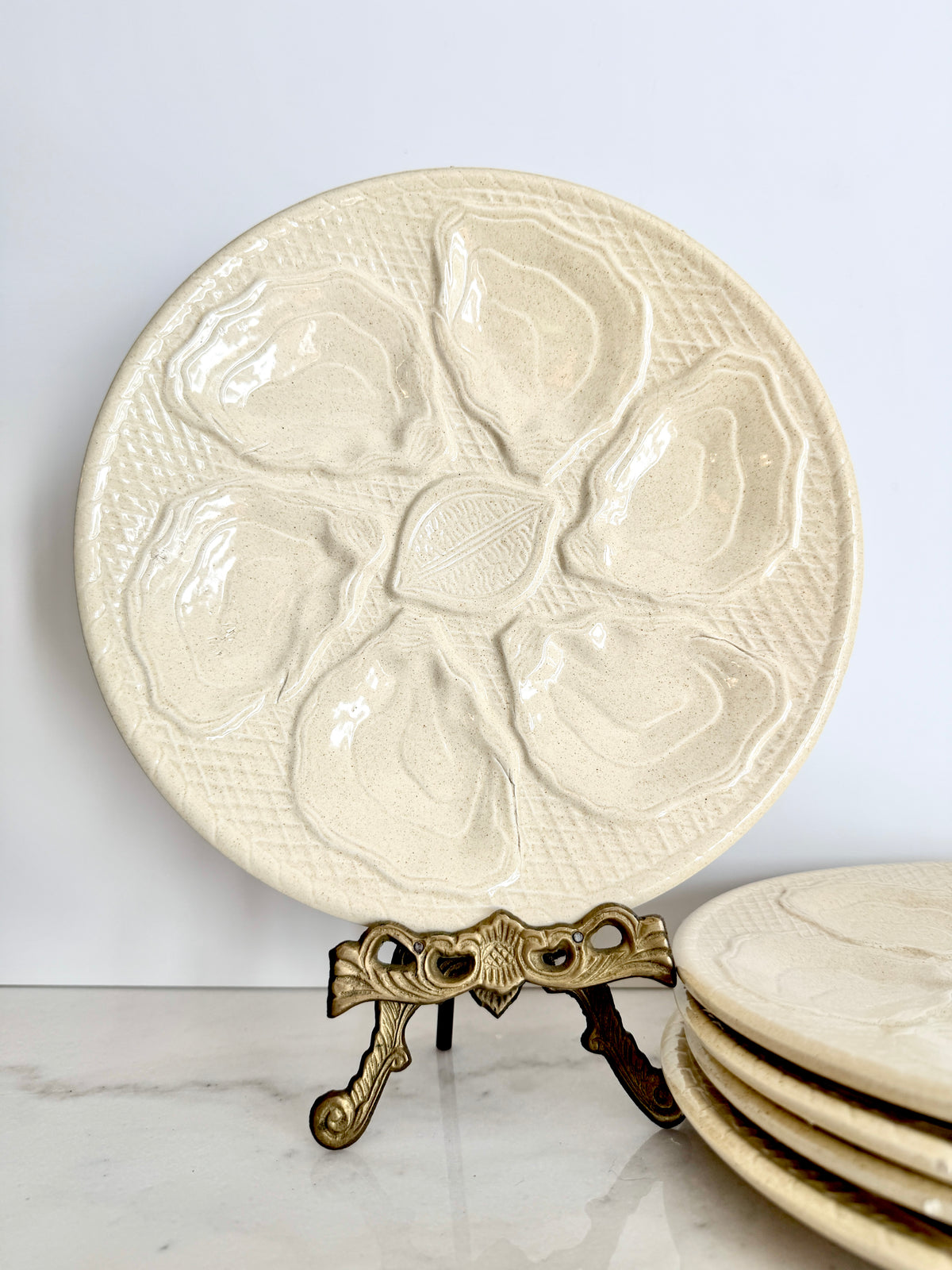 Vintage French Stoneware Oyster Plate in Cream, 9.5"