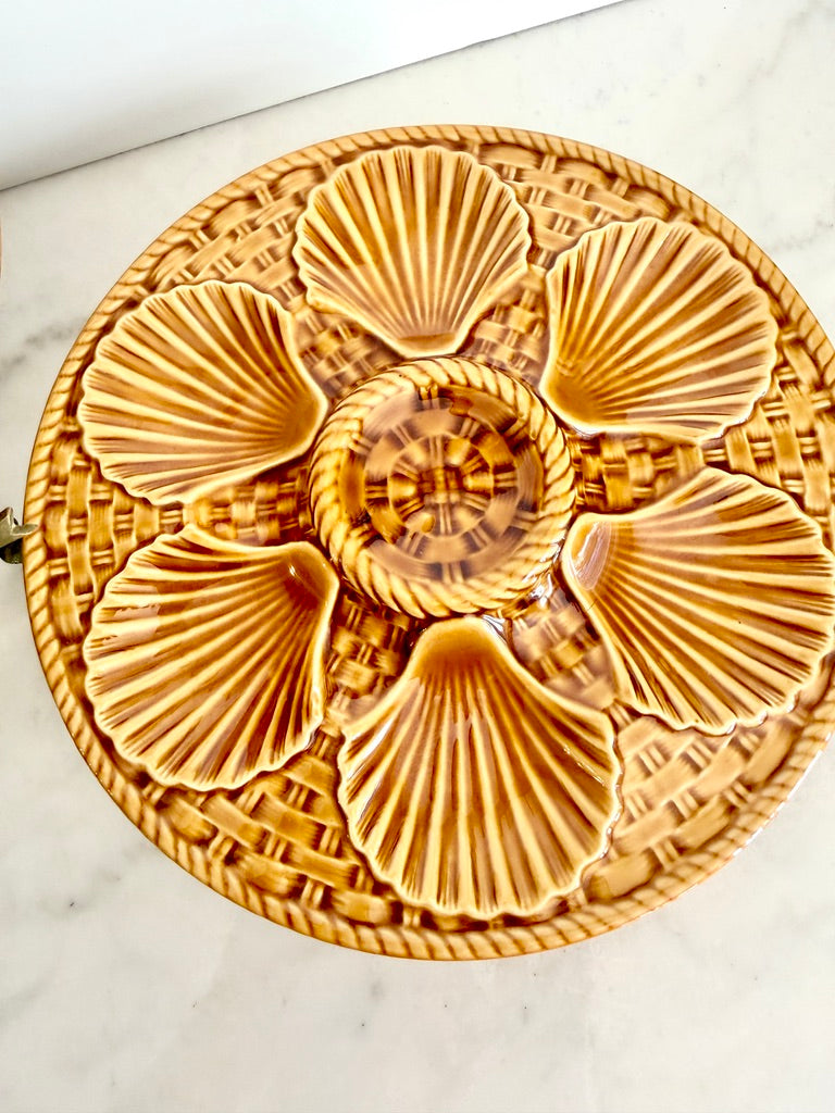Vintage Longchamp French Majolica Oyster Serving Dish, Brown Shells, 9.5"