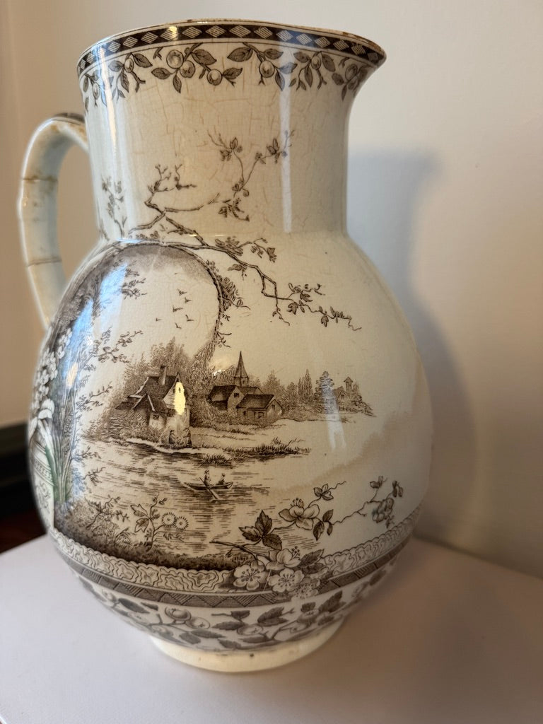 Antique Aesthetic Era Burgess & Leich Middleport England Brown White Pitcher