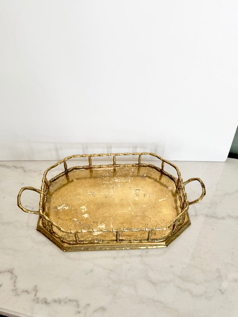 Vintage Brass Faux Bamboo Octagonal Tray, 14"