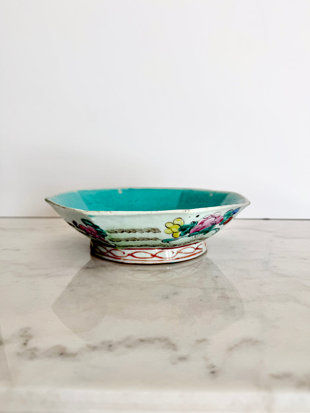 Antique Qing Dynasty Famille Rose Octagonal Bowl, 8"