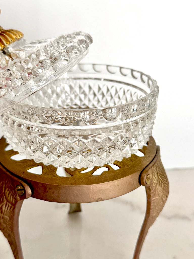 Antique French Cut Crystal Bonbonniere with Gilt Bronze Pineapple Finial