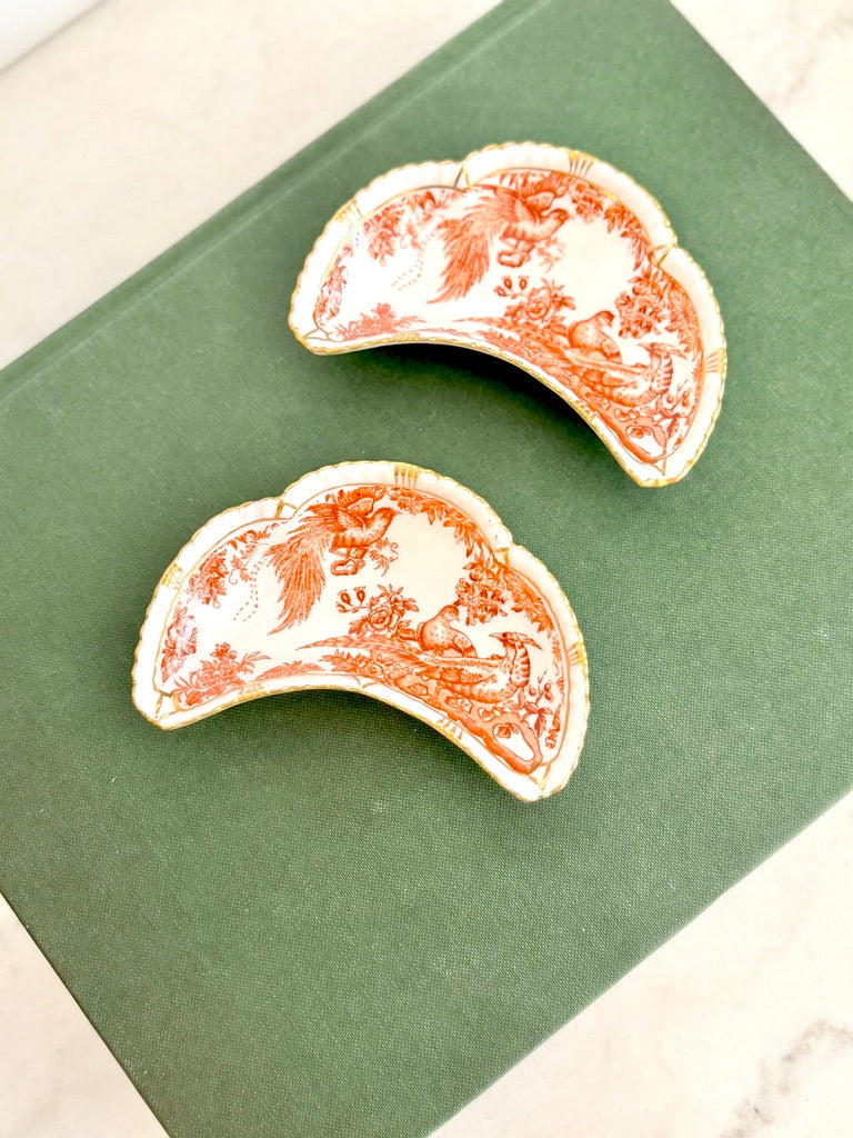 Royal Crown Derby English Fine Bone China Crescent Dishes, Red Aves Pattern