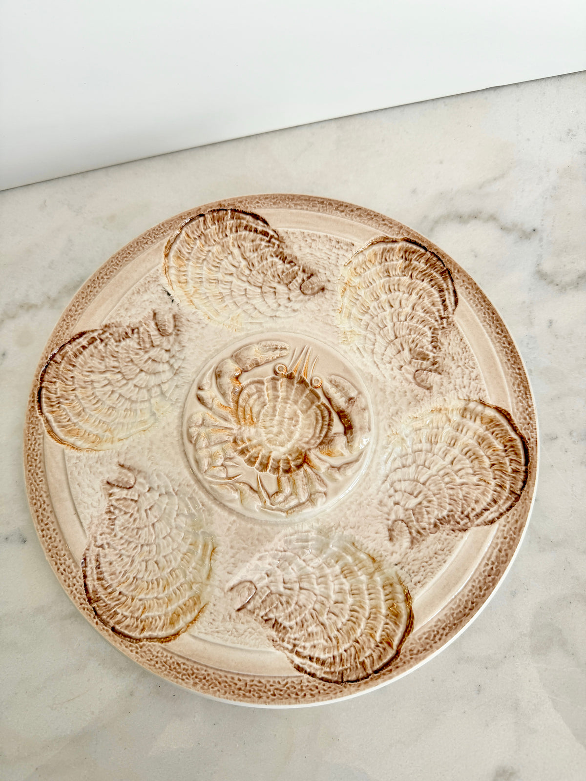 Vintage Sarreguemines French Majolica Oyster Plate with Crab Motif, 10"
