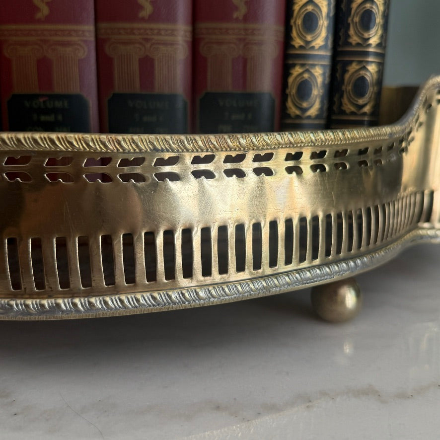 Vintage Brass Reticulated Pierced Gallery Oval Handled Vanity Serving Tray