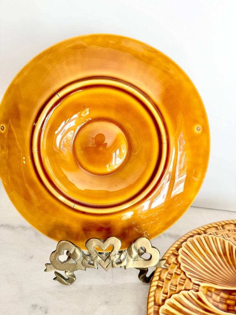 Vintage Longchamp French Majolica Oyster Serving Dish, Brown Shells, 9.5"