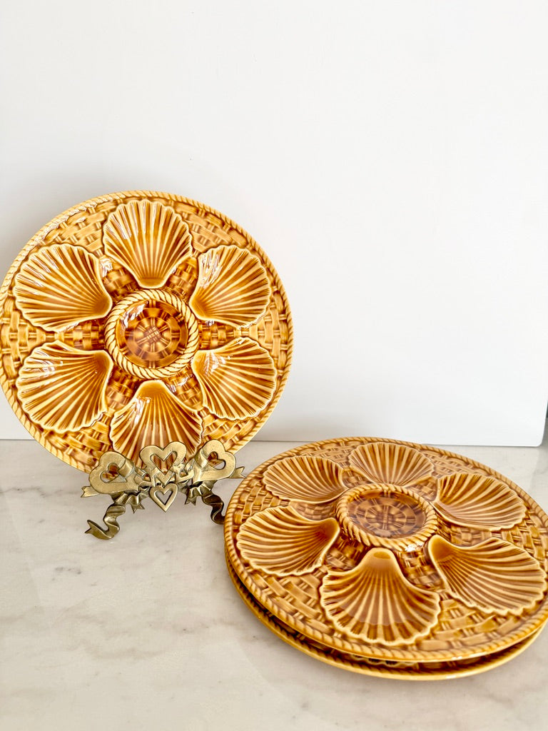 Vintage Longchamp French Majolica Oyster Serving Dish, Brown Shells, 9.5"