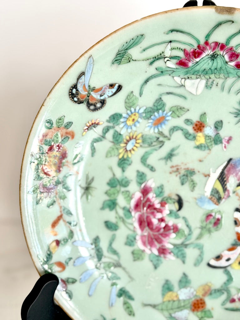 Antique Chinese Canton Famille Rose Celadon Plate 9.5"
