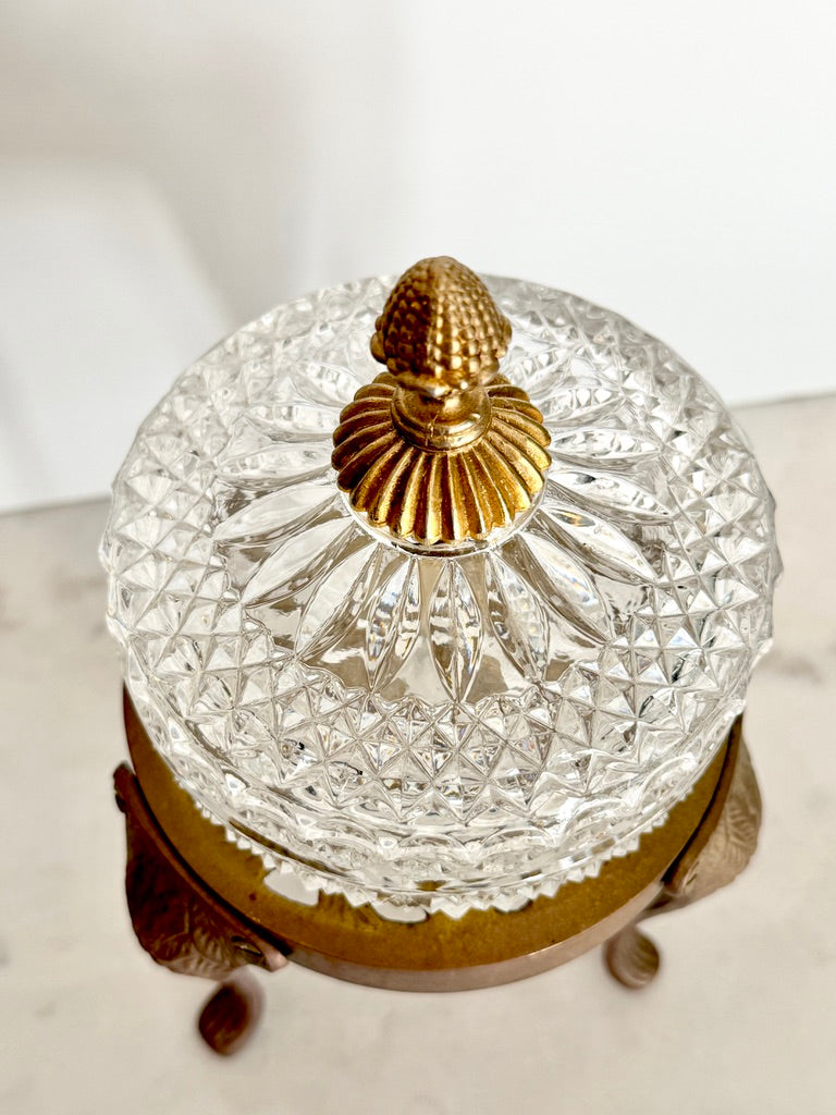 Antique French Cut Crystal Bonbonniere with Gilt Bronze Pineapple Finial