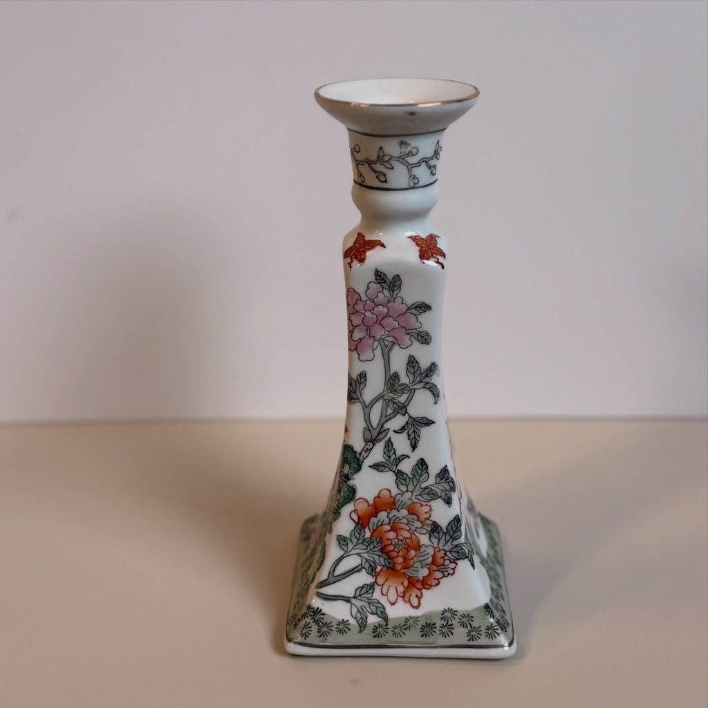 Vintage Chinoiserie Famille Rose Porcelain Candlestick Floral & Butterfly Asian Inspired Candle Holder 9"