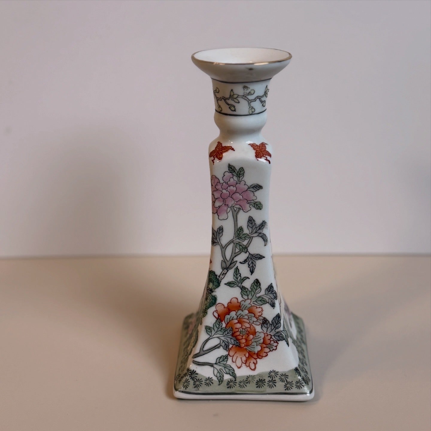 Vintage Chinoiserie Famille Rose Porcelain Candlestick Floral & Butterfly Asian Inspired Candle Holder 9"