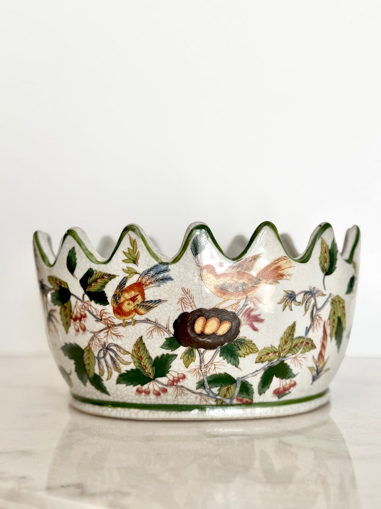 Vintage Wong Lee 1895 Porcelain Monteith Bowl, Crackle Glaze Bird Nest Planter