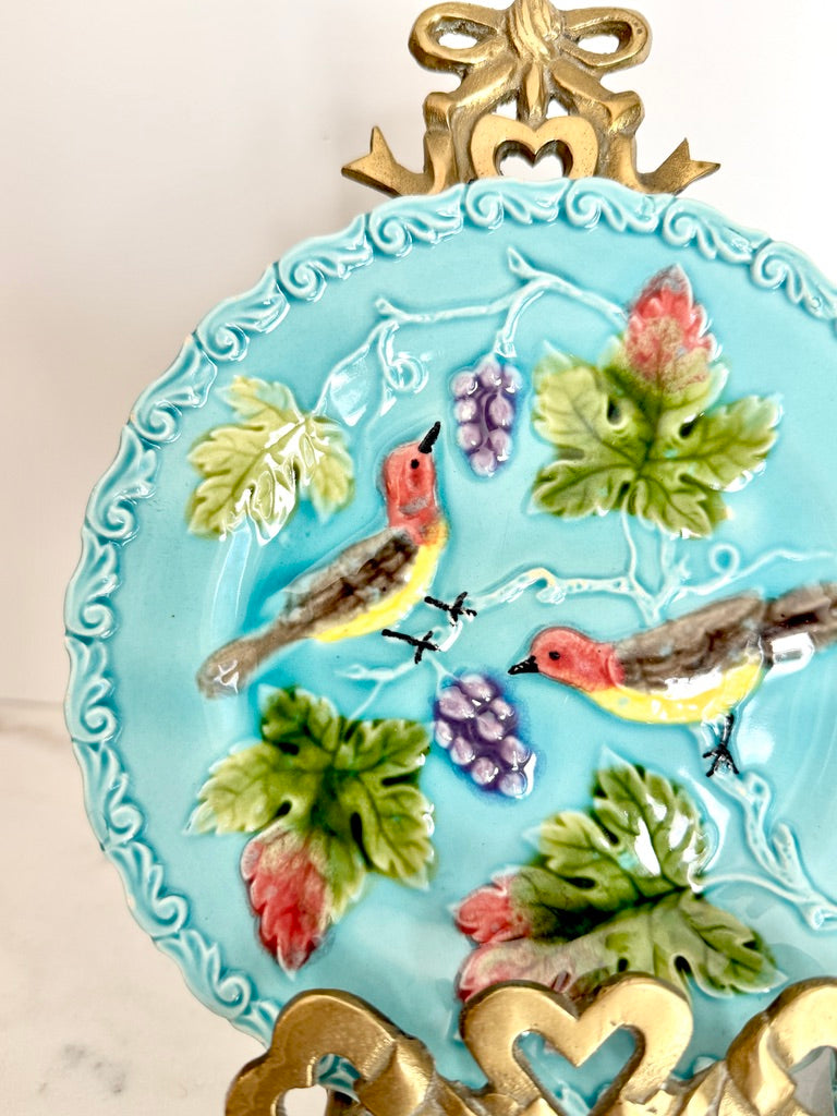 Antique Georg Schmider Zell German Majolica Bird & Grape Plate in Turquoise, 6.5"