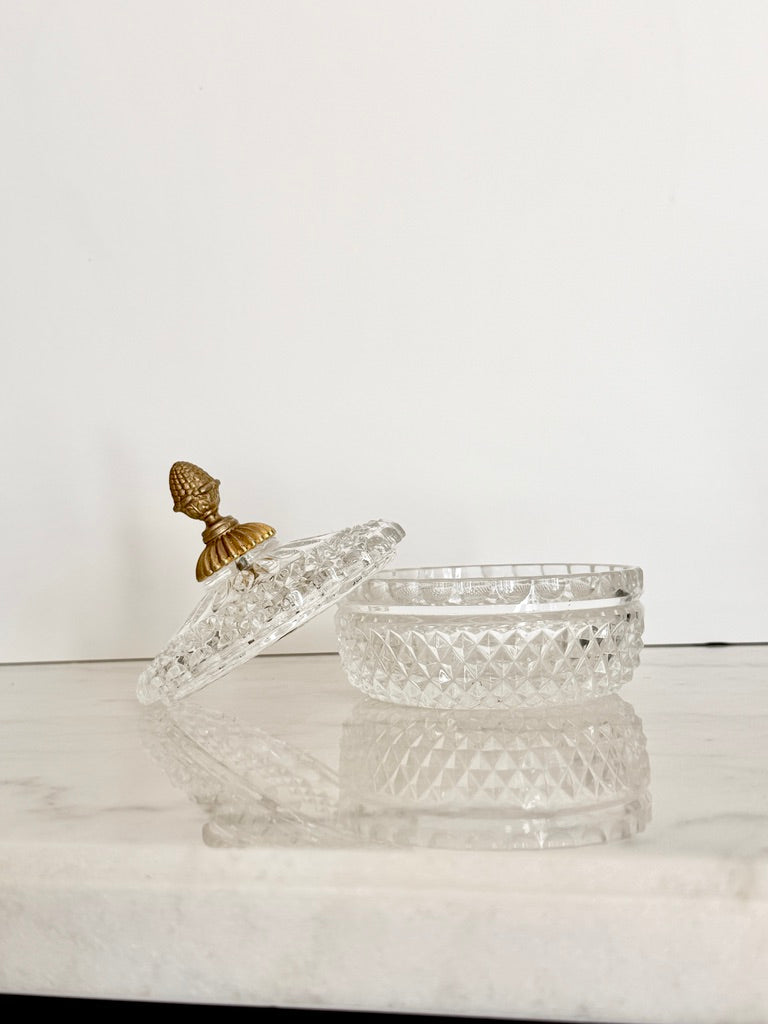 Antique French Cut Crystal Bonbonniere with Gilt Bronze Pineapple Finial