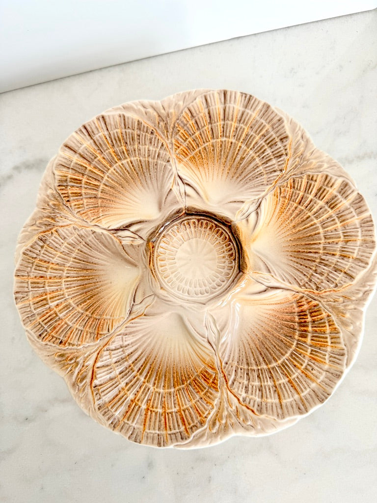 Vintage Sarreguemines French Majolica Oyster Plate, Brown and Ivory, 9.5"