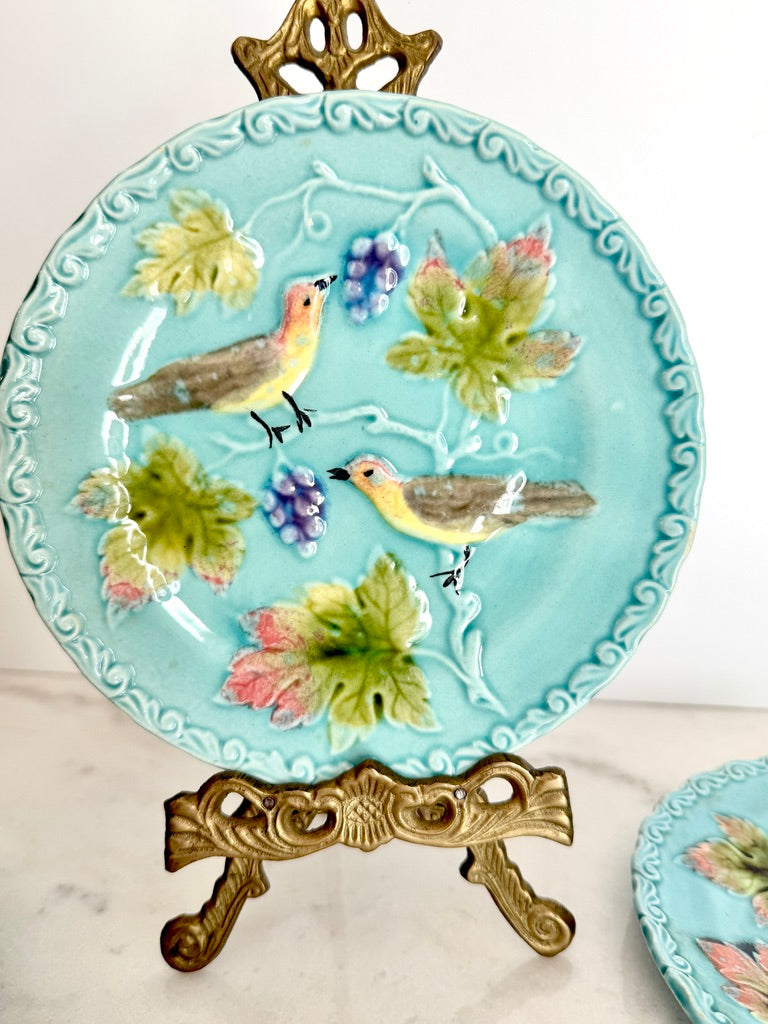 Antique Georg Schmider Zell German Majolica Bird & Grape Plate in Turquoise, 6.5"