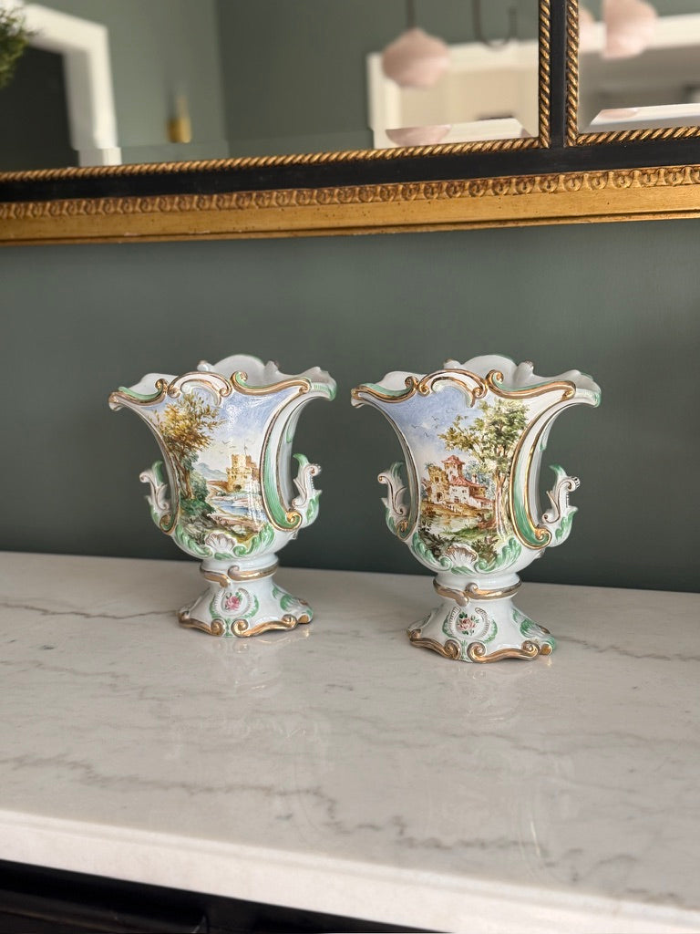 Pair of Ugo Zaccagnini Hand Painted Capodimonte Style Porcelain Vases 8”