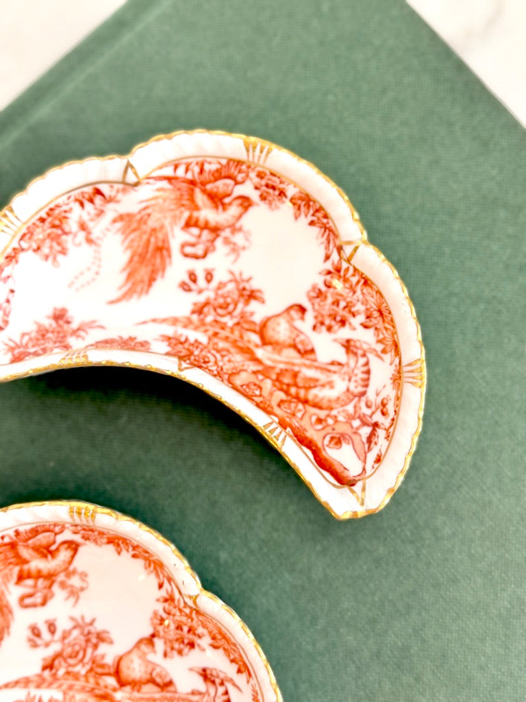 Royal Crown Derby English Fine Bone China Crescent Dishes, Red Aves Pattern