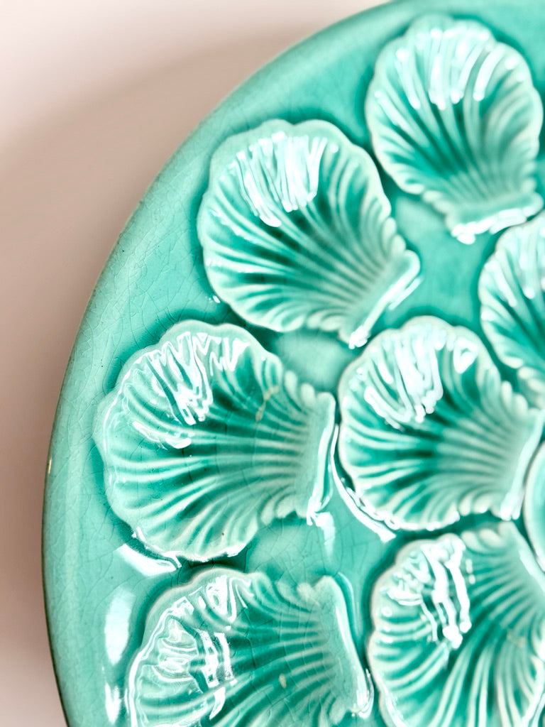 Vintage French Porcelain Turquoise Oyster Plate, 12"