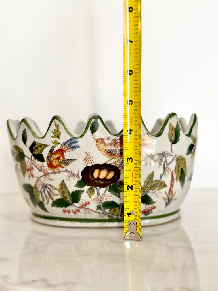 Vintage Wong Lee 1895 Porcelain Monteith Bowl, Crackle Glaze Bird Nest Planter