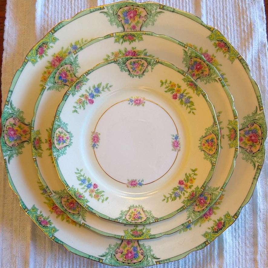Vintage Floral China 12 Piece Dinnerware Set Green Rim Pink Flowers Cottagecore Plates for Spring Tablescape & Easter Entertaining