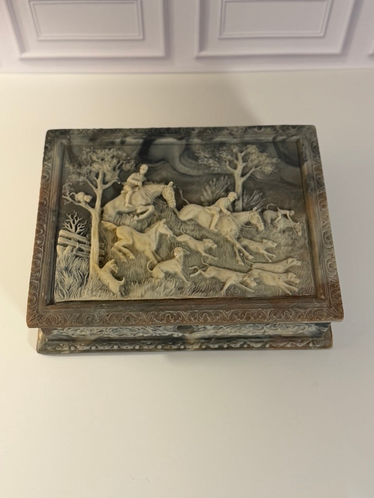 Vintage Italian Incolay Stone Box with Hunting Scene Motif