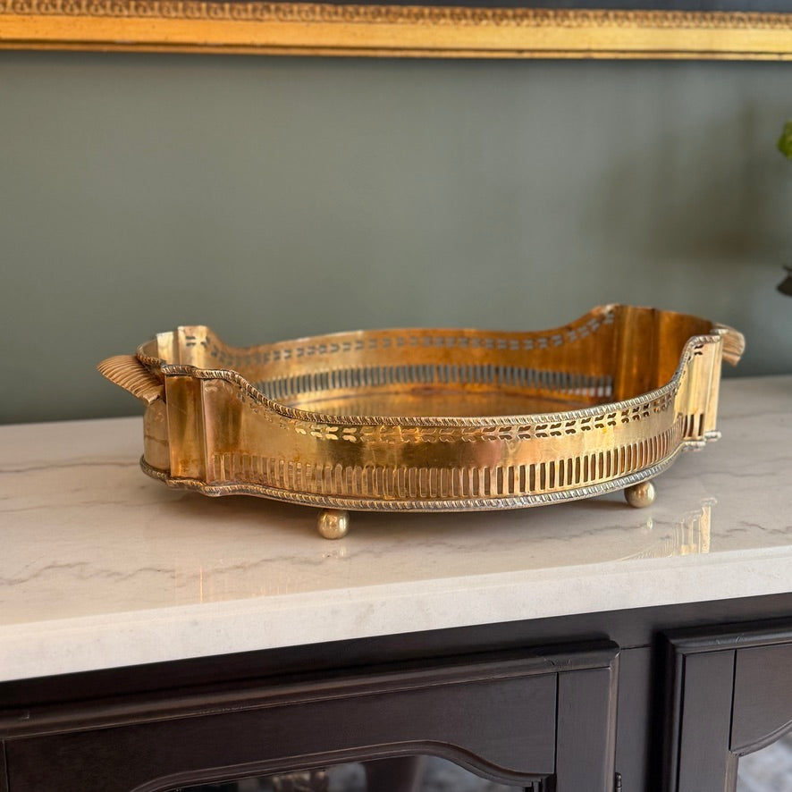 Vintage Brass Reticulated Pierced Gallery Oval Handled Vanity Serving Tray