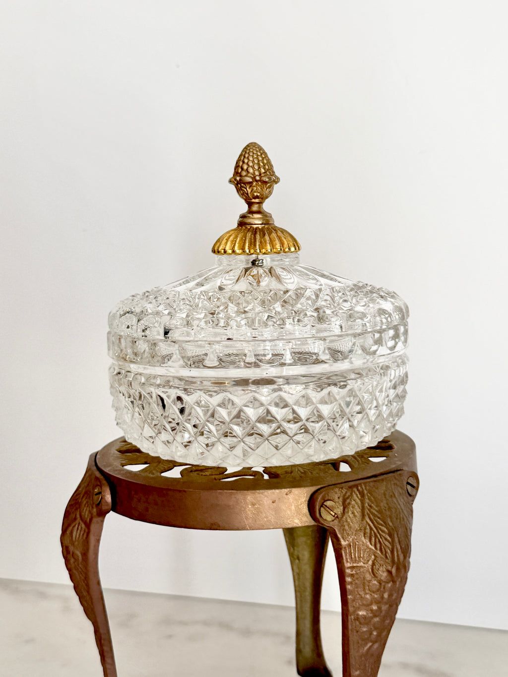 Antique French Cut Crystal Bonbonniere with Gilt Bronze Pineapple Finial