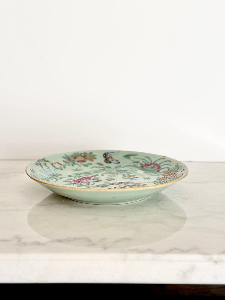 Antique Chinese Canton Famille Rose Celadon Plate 9.5"