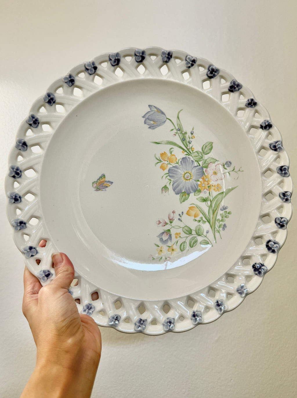 Vintage Reticulated Plate with Floral and Butterfly 12”